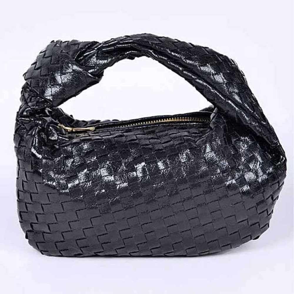 BNWT Brand New Weaved Metallic Small Soft Knotted Top Handle Bag- BLACK